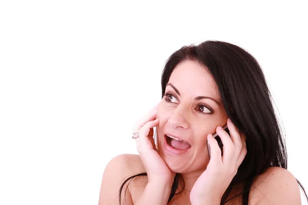 Счастливая деловая женщина с сотовым телефоном, изолированные на белом — стоковое фото