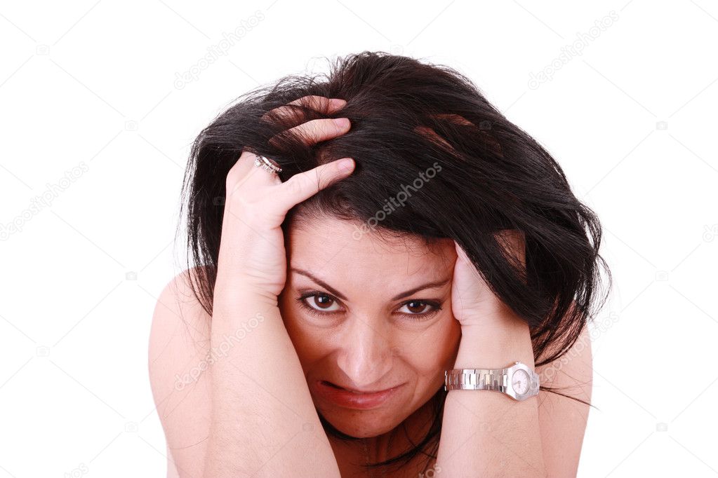 Screaming woman. Isolated over white background.