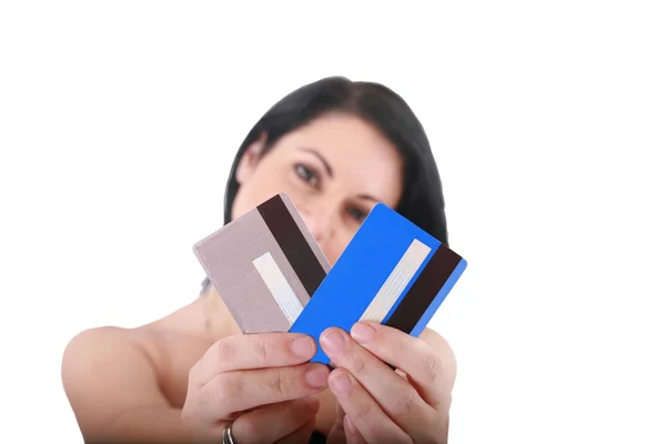 Woman with credit cards, shallow — Stock Photo, Image