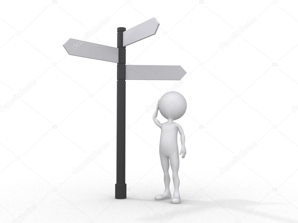 Direction, man is taking a decision with the help sign