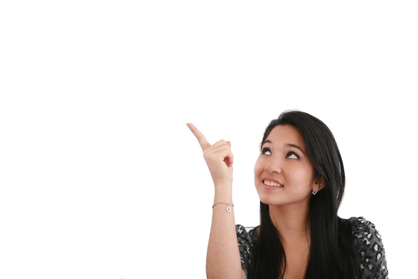 Happy smiling young business woman showing blank area for sign o — Stock Photo, Image