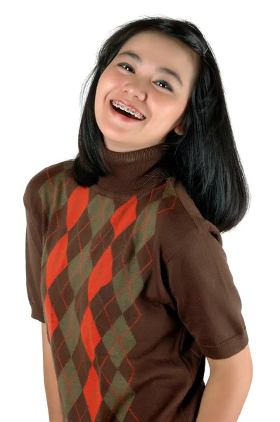 Asiatiska unga college student leende bära hängslen — Stockfoto