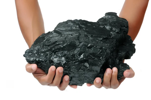 Un gros morceau de charbon est tenu à deux mains Images De Stock Libres De Droits