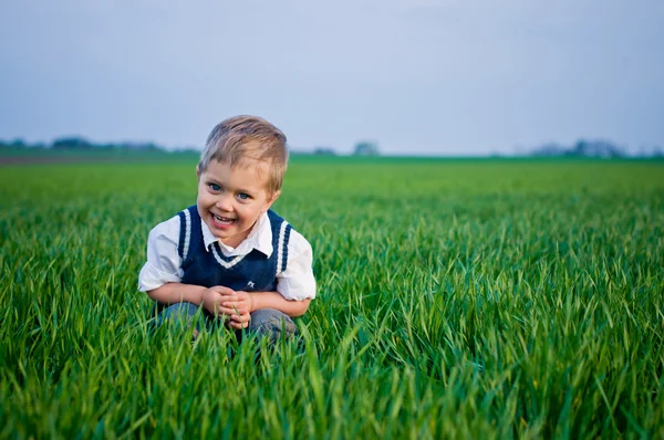 Piękny mały chłopiec siedzi w trawie — Zdjęcie stockowe