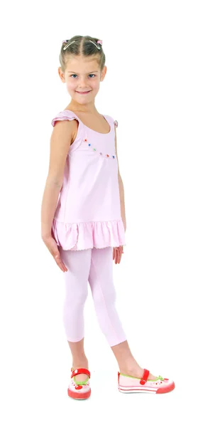 Fotografie roztomilé děvčátko v barevných šatech na bílém pozadí — Stock fotografie