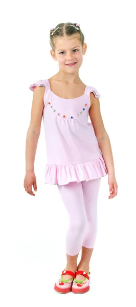 Foto de menina bonito em roupas coloridas no fundo branco — Fotografia de Stock