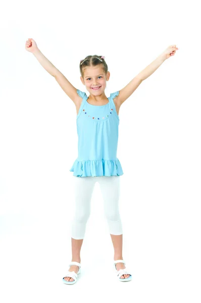 Photo of cute little girl in colored clothes on white background — Stock Photo, Image
