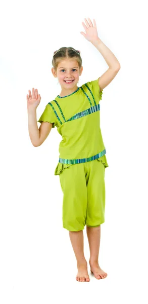 Fotografie roztomilé děvčátko v barevných šatech na bílém pozadí — Stock fotografie