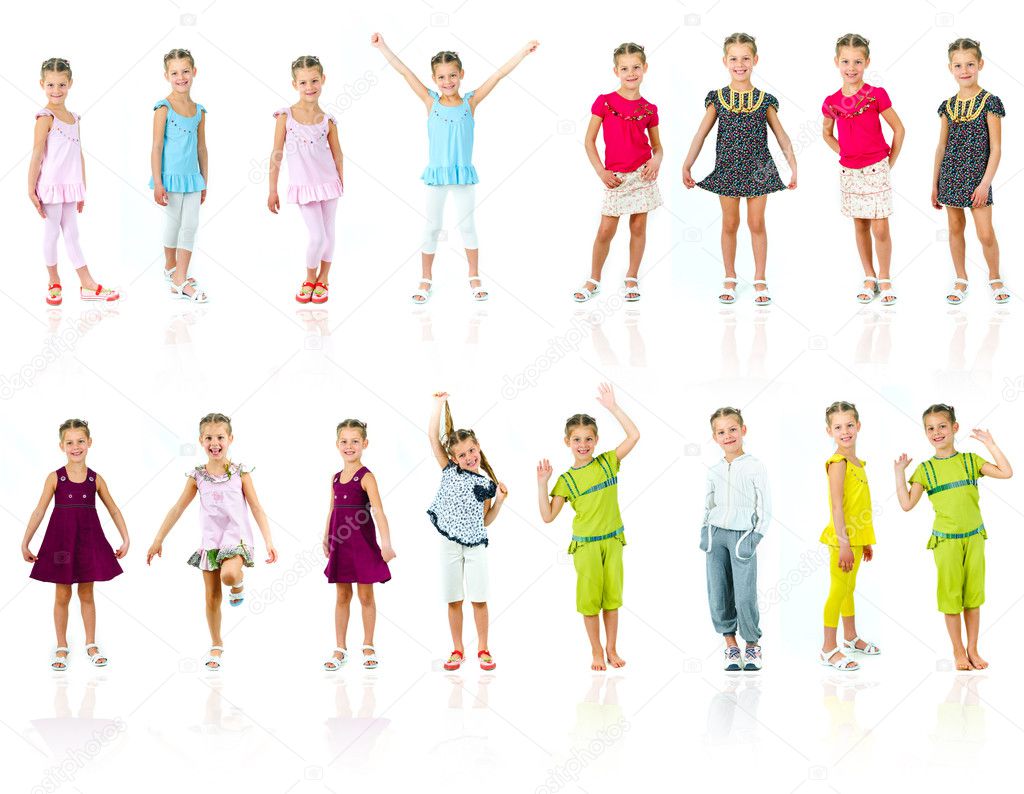 Collection photos of cute little girl in colored clothes