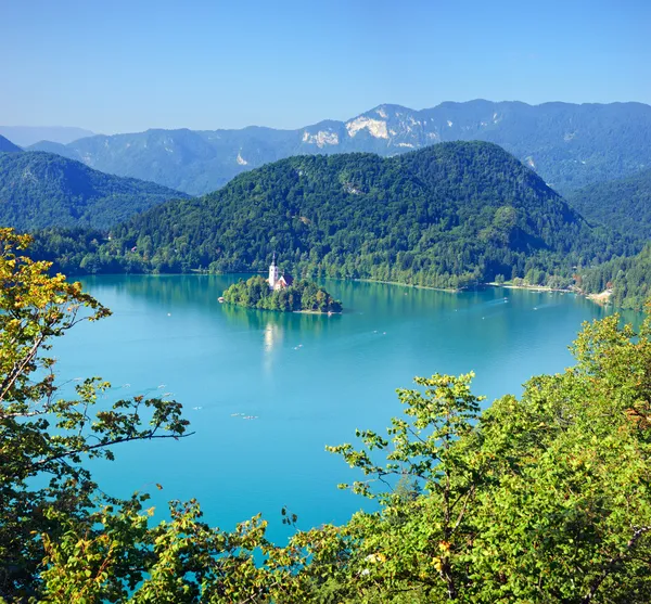 Foto da prospettiva aerea, Lago di Bled con isola — Foto Stock