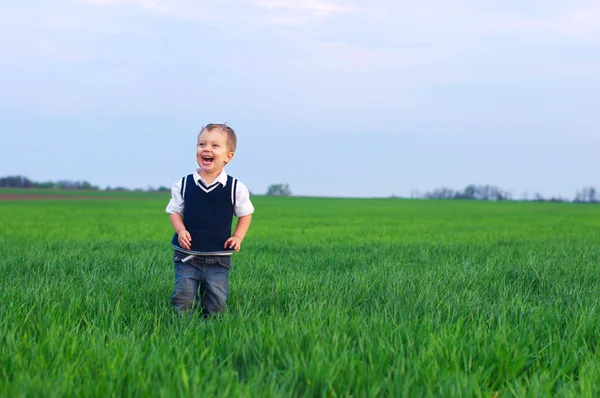 En vacker liten pojke staing i gräset — Stockfoto