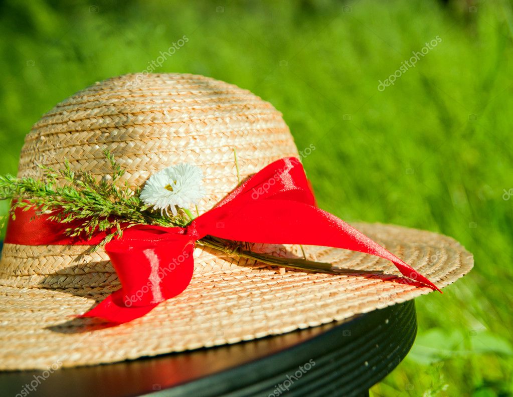 Straw hat with red ribbon in the grass — Stock Photo © mac_sim 5769991