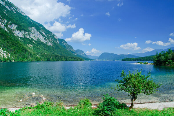 Beautiful view. Lake, mountain, reflection. Lake Bohinj. Slovenia