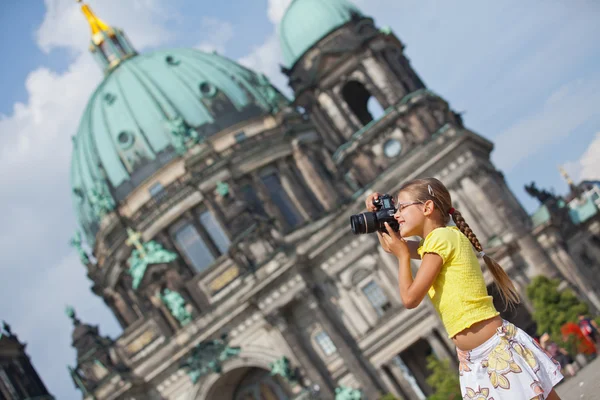 stock image Young girl with photo camera