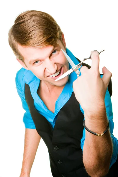 Hairdresser man with scissors on isolated white — Stock Photo, Image