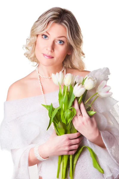 Beautiful woman with spring tulips on isolated white — Stock Photo, Image
