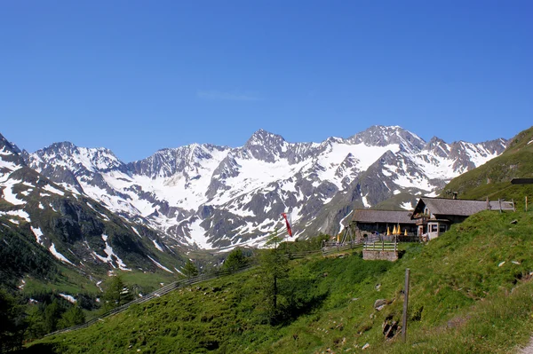 Uma esmola com os Alpes Oetztais no Tirol do Sul, Itália — Fotografia de Stock