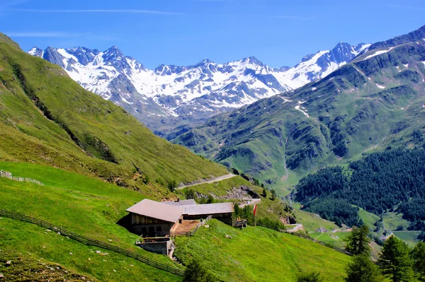 Cabana de montanha e Alpes Stubai — Fotografia de Stock