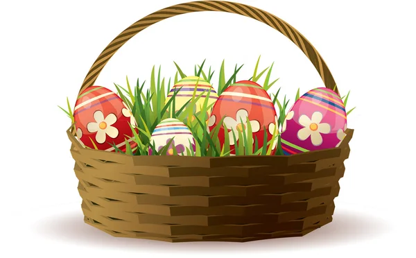 Cesta de Páscoa com ovos pintados em grama fresca — Vetor de Stock