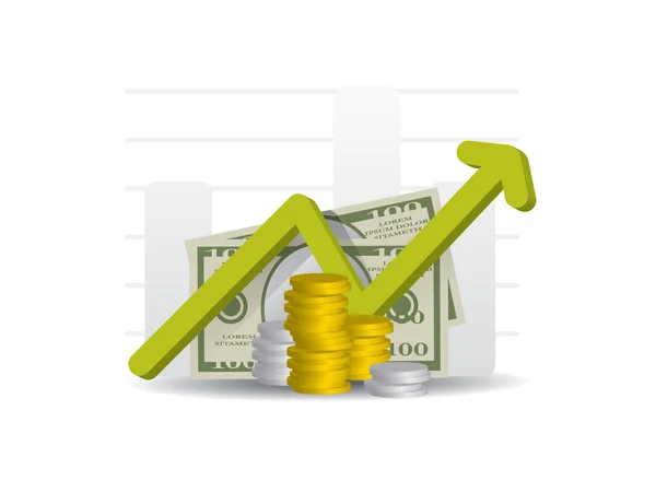 Gráfico de negócios com seta e dinheiro — Vetor de Stock