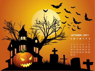 October calendar - Halloween with haunted house, bats and pumpki clipart