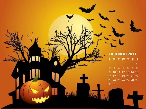 Oktober-Kalender - Halloween mit Geisterhaus, Fledermäusen und Kürbis — Stockvektor