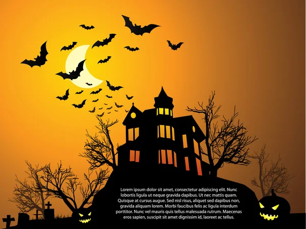 Halloween mit Geisterhaus, Fledermäusen und Kürbis — Stockvektor
