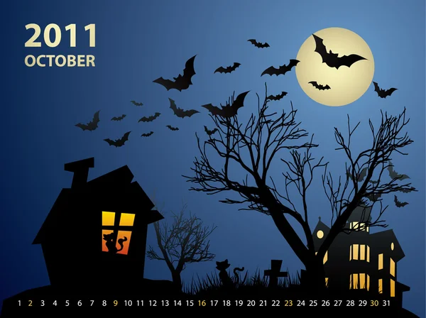 Oktober-Kalender - Halloween mit Geisterhaus, Fledermäusen und Kürbis — Stockvektor