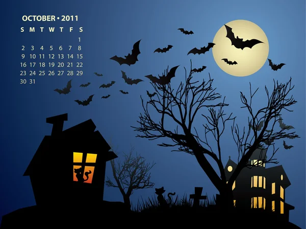 Calendário de outubro - Halloween com casa assombrada, morcegos e abóbora —  Vetores de Stock