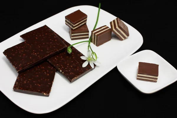 Chocolate y flores en plato — Foto de Stock
