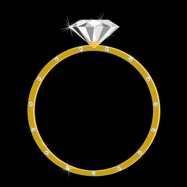 Bague en or avec un grand diamant et de nombreux petits — Image vectorielle