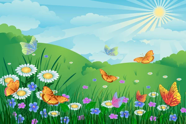 Green landscape with flowers and butterflies — Stock Vector