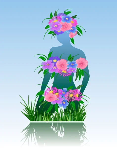 女孩与花的剪影 — 图库矢量图片