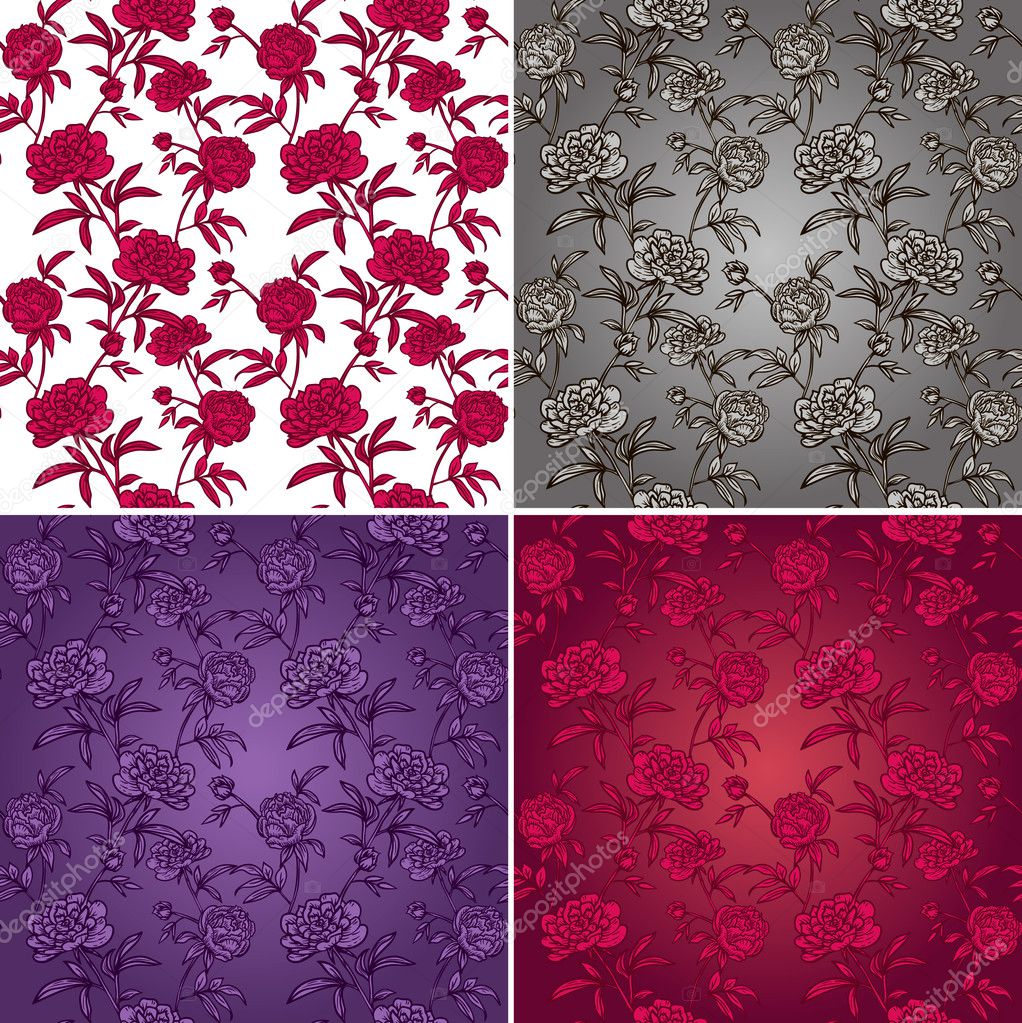 Seamless set of patterns with peonies