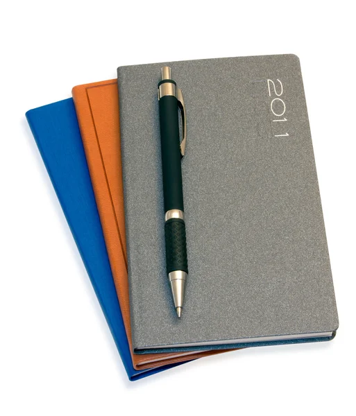 Três caderno preto e caneta — Fotografia de Stock
