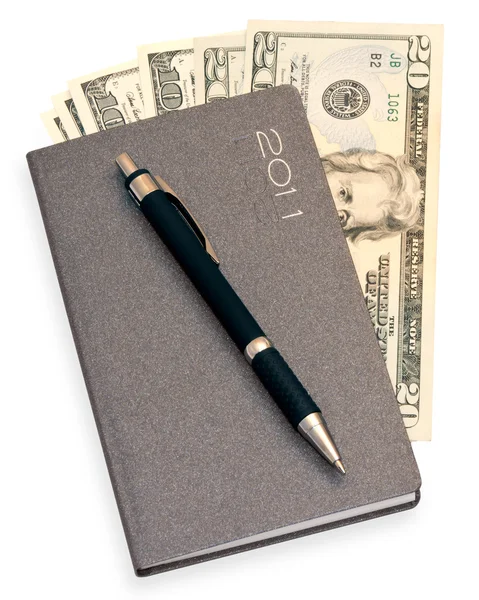 Notepad with money and pen — Stock Photo, Image