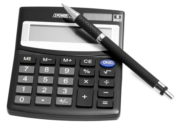 Черный калькулятор с ручкой — стоковое фото