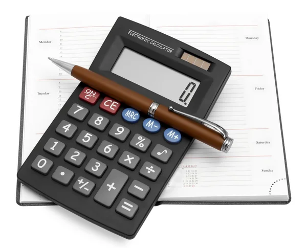 Kalkulator z piórem w notatniku — Zdjęcie stockowe