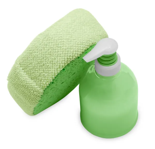 Yeşil sıvı sabun ile plastik şişe — Stok fotoğraf