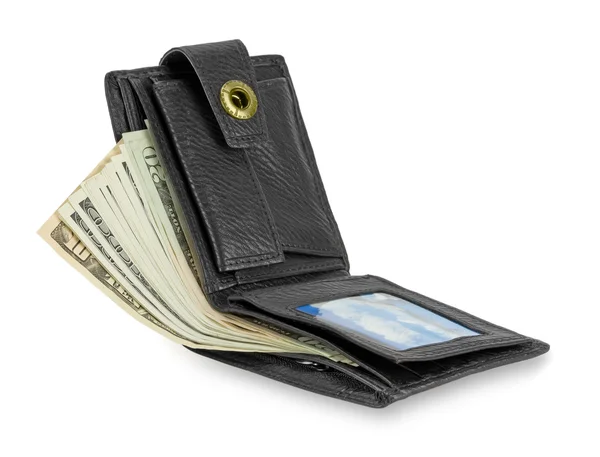Czarny skórzany portfel z pieniędzmi — Zdjęcie stockowe