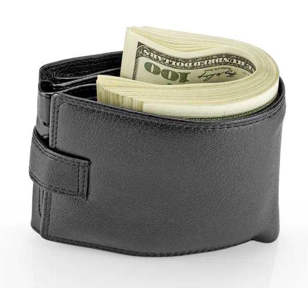 Schwarze Ledertasche mit Geld — Stockfoto
