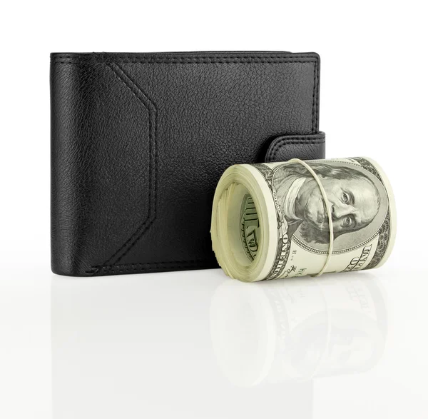 Siyah deri cüzdan ve para. — Stok fotoğraf
