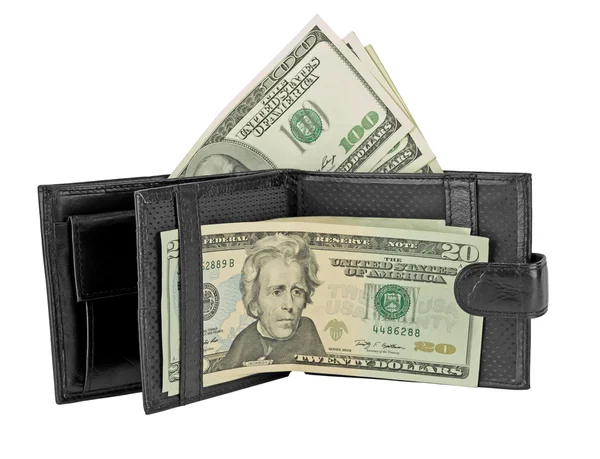 Carteira de couro preto com dinheiro — Fotografia de Stock