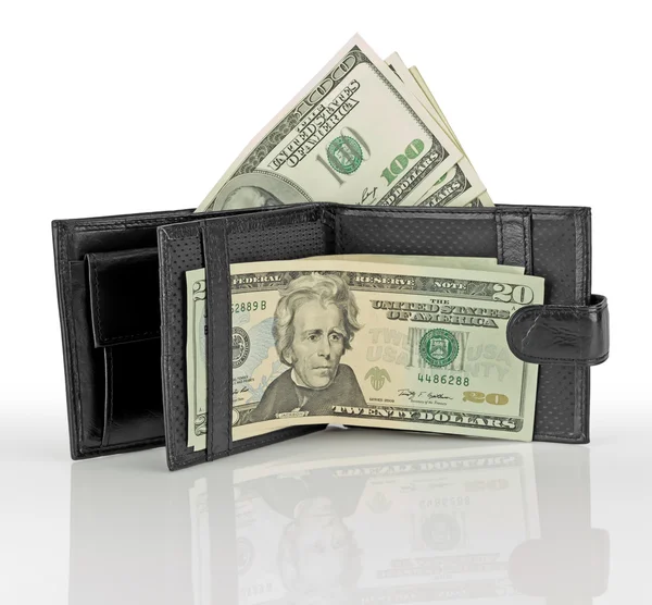 Černá kožená peněženka s penězi — Stock fotografie