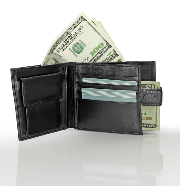 Černá kožená peněženka s penězi — Stock fotografie