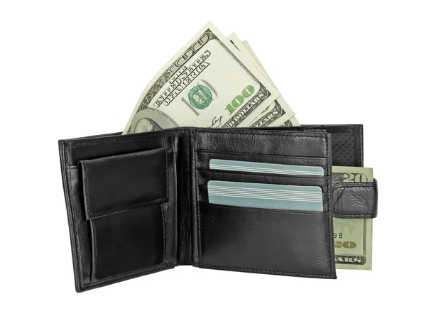 Black leather wallet with money — Stock Photo, Image