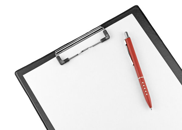 Clipboard with blank paper and pen. isolated on white.
