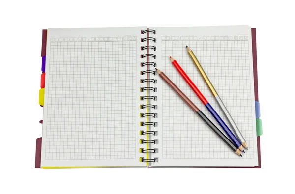 Aprire blocco note e tre matite — Foto Stock