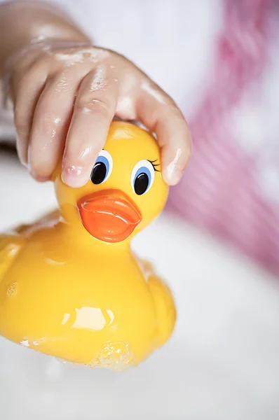 Toddler with rubber ducky — Stock Photo, Image