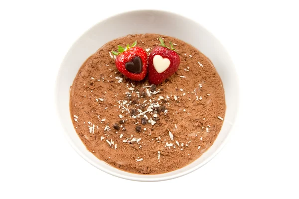 Chocolate mousse with two strawberries — Stock Photo, Image
